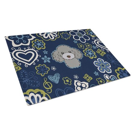 CAROLINES TREASURES Blue Flowers Silver Gray Poodle Glass Cutting Board Large BB5110LCB